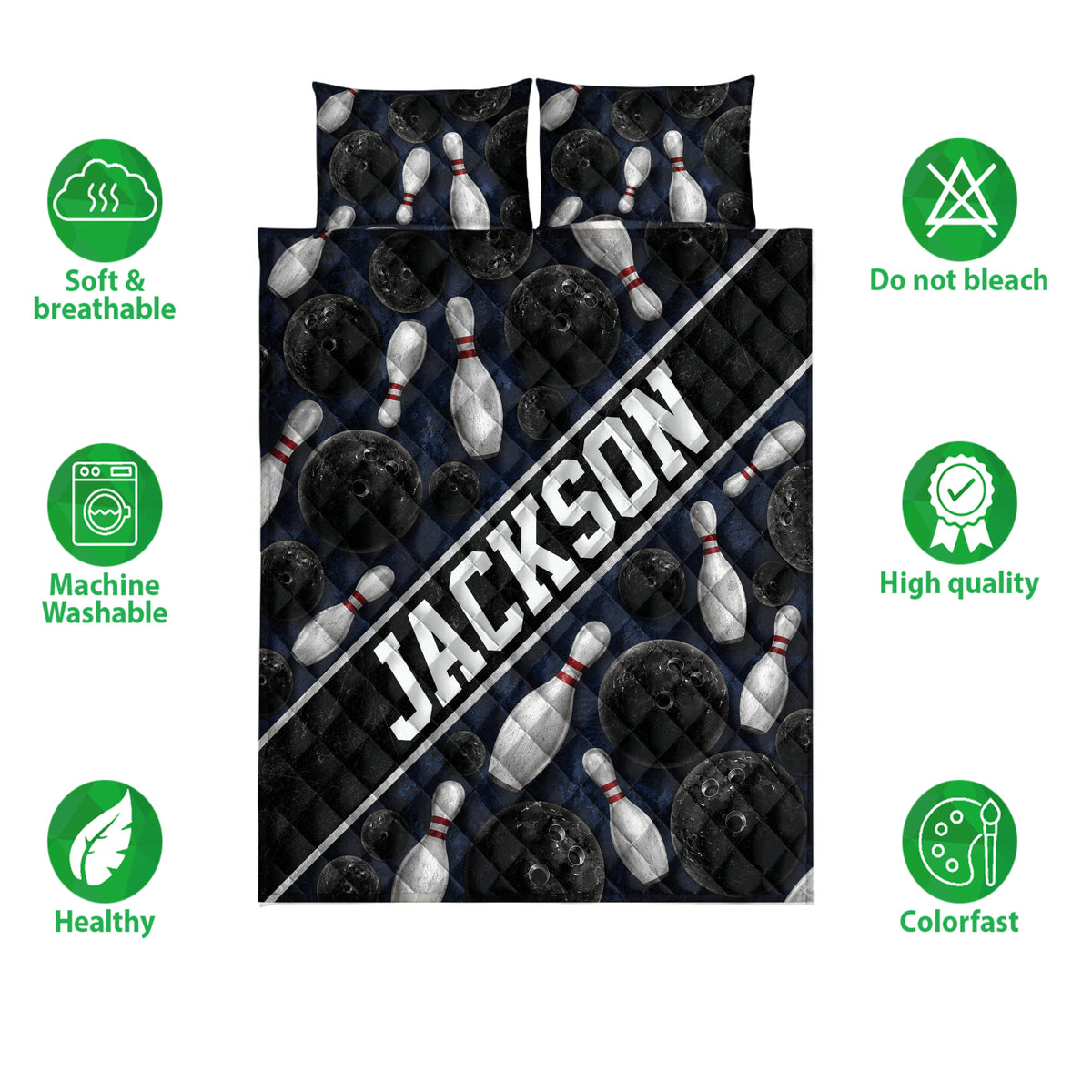 Bowling quilt bedding set shown with matching pillowcases and feature icons around the printed sports design