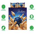 Bowling quilt bedding set shown with blue ball and pin artwork alongside feature icons
