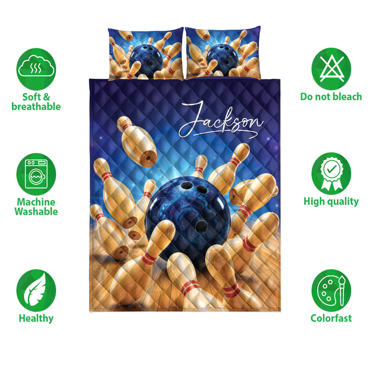 Bowling quilt bedding set shown with blue ball and pin artwork alongside feature icons