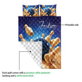 Bowling quilt blanket shown with its printed front and white quilted backing