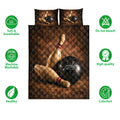 Bowling quilt bedding set display with pins, black bowling balls, and a rich brown diamond pattern