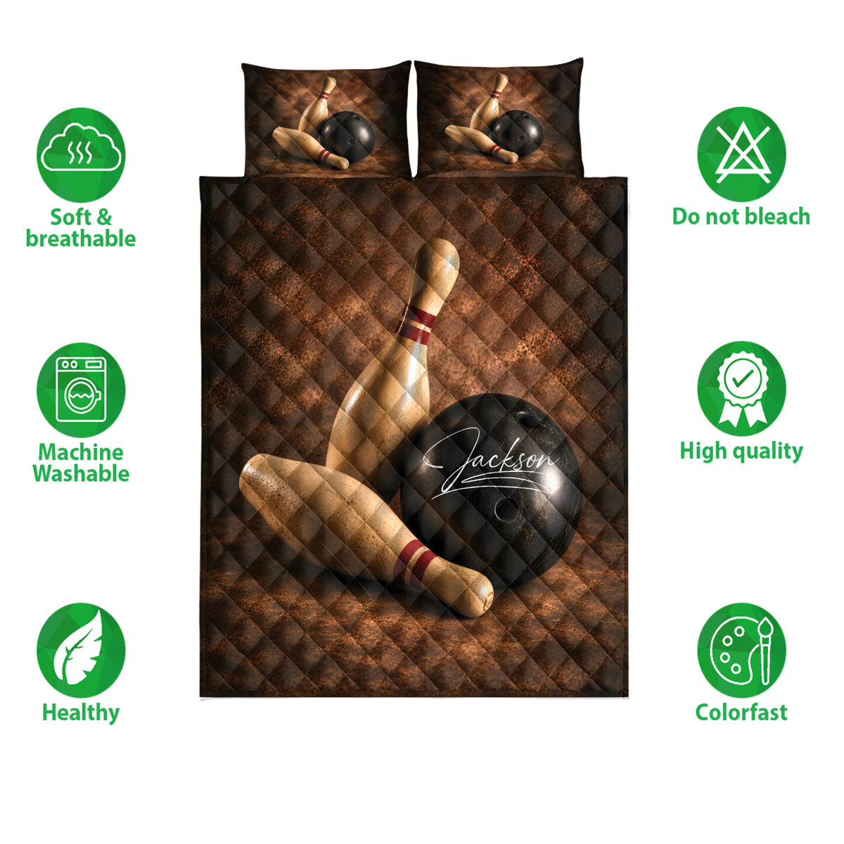 Bowling quilt bedding set display with pins, black bowling balls, and a rich brown diamond pattern