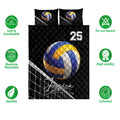 Volleyball quilt bedding set featuring blue and gold volleyball artwork on a black sports design