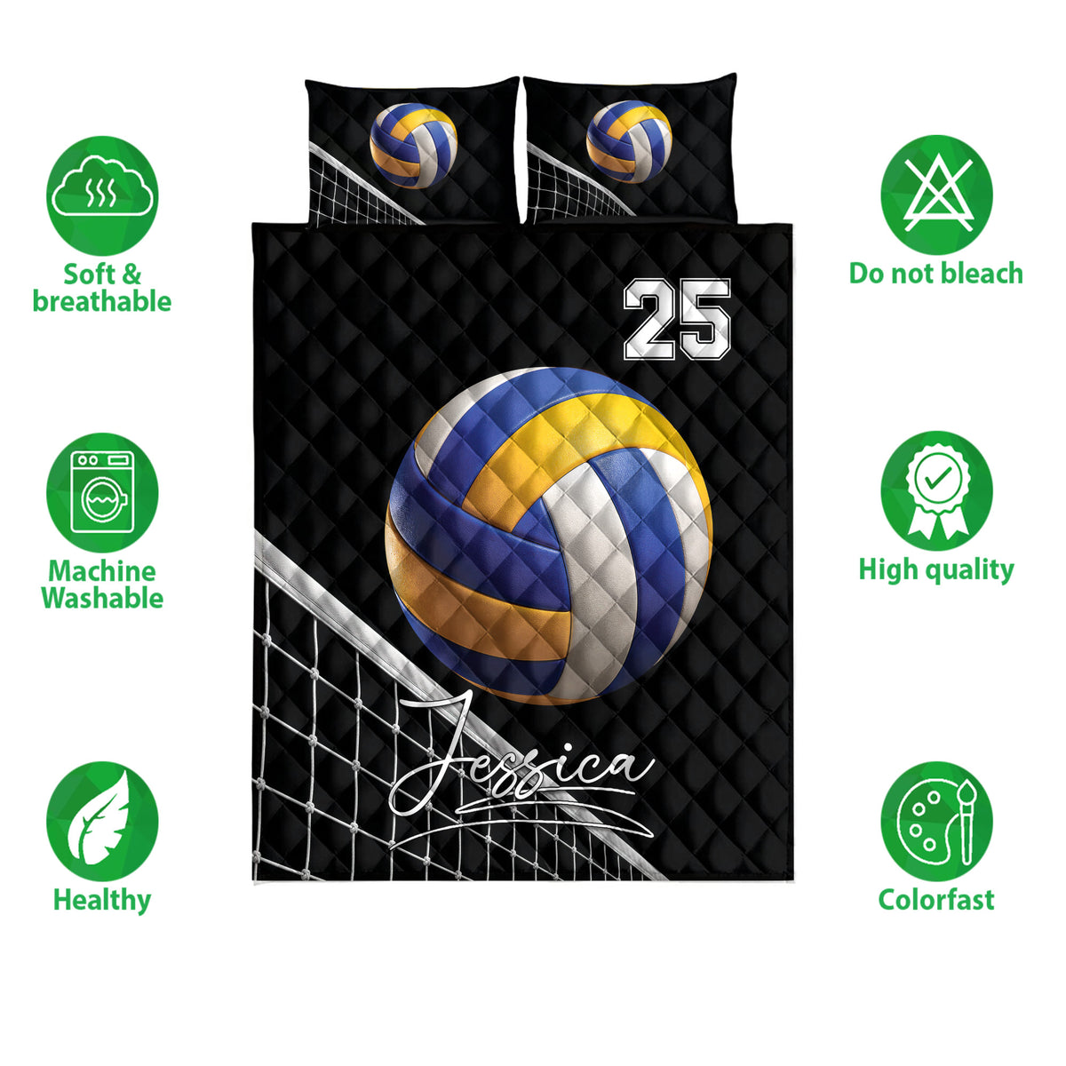 Volleyball quilt bedding set featuring blue and gold volleyball artwork on a black sports design