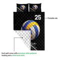 Volleyball quilt showing the printed front and white quilted backing with net and ball artwork