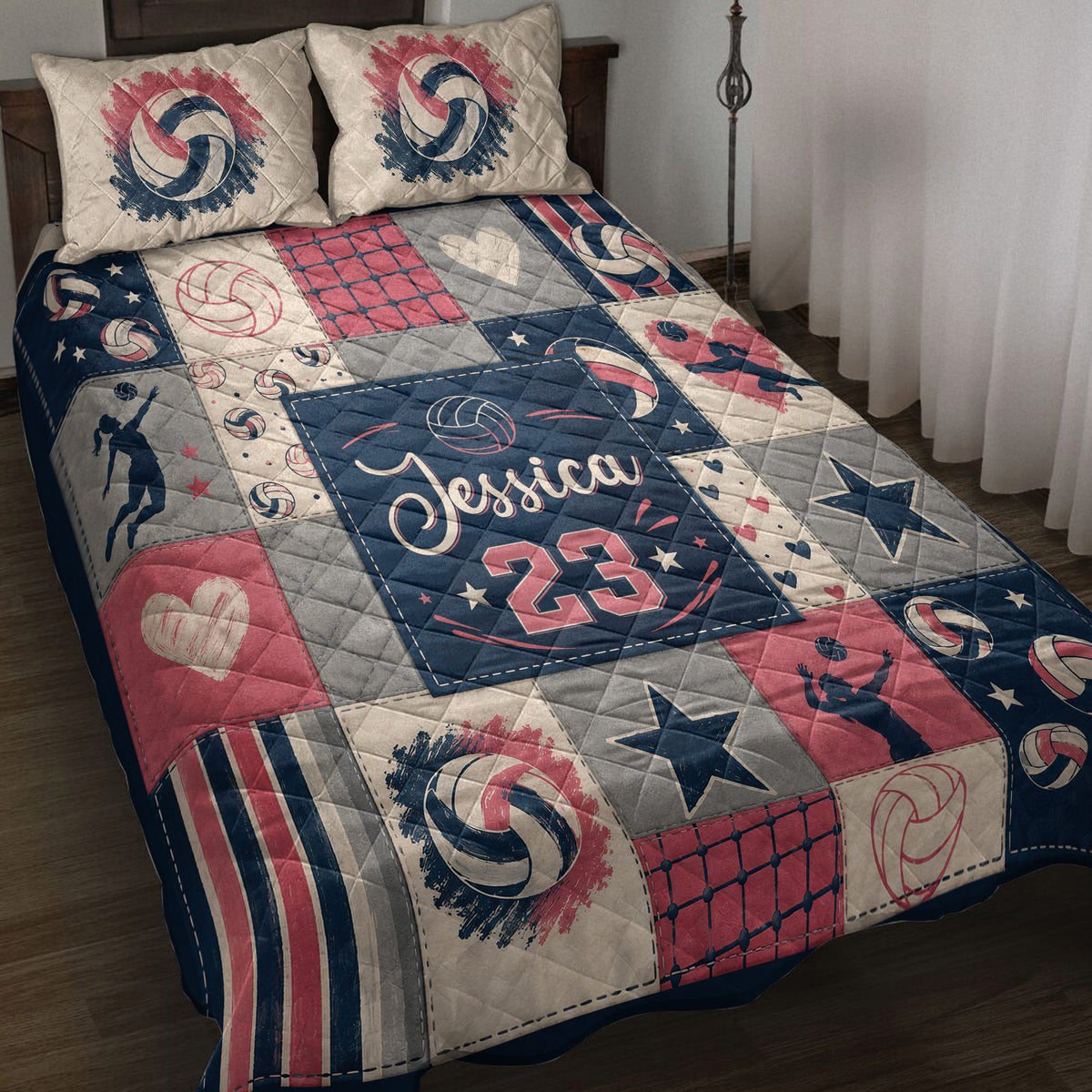 Volleyball quilt blanket displayed on a bed with red, navy, and gray sports artwork
