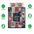 Volleyball quilt bedding set shown flat with ball, player, star, heart, and net motifs