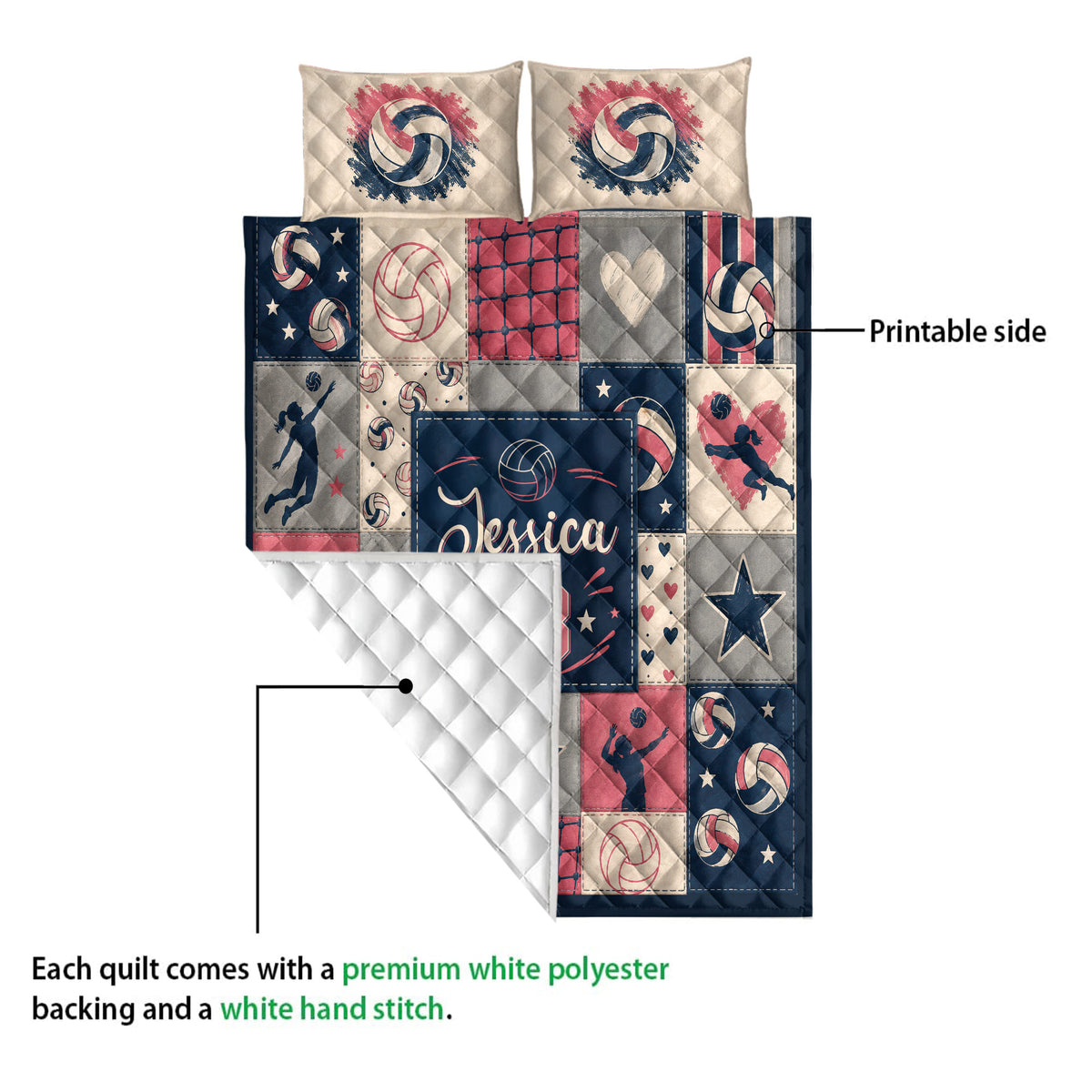 Volleyball quilt showing its printed side and diamond quilted backing detail