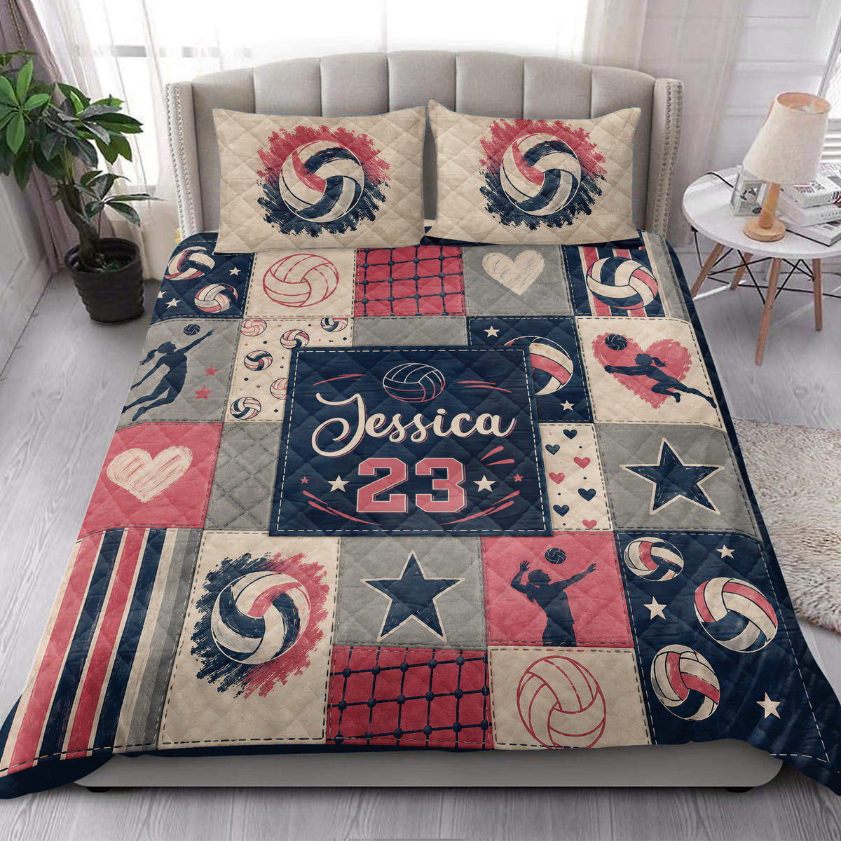 Volleyball quilt blanket styled in a bright bedroom with matching volleyball artwork