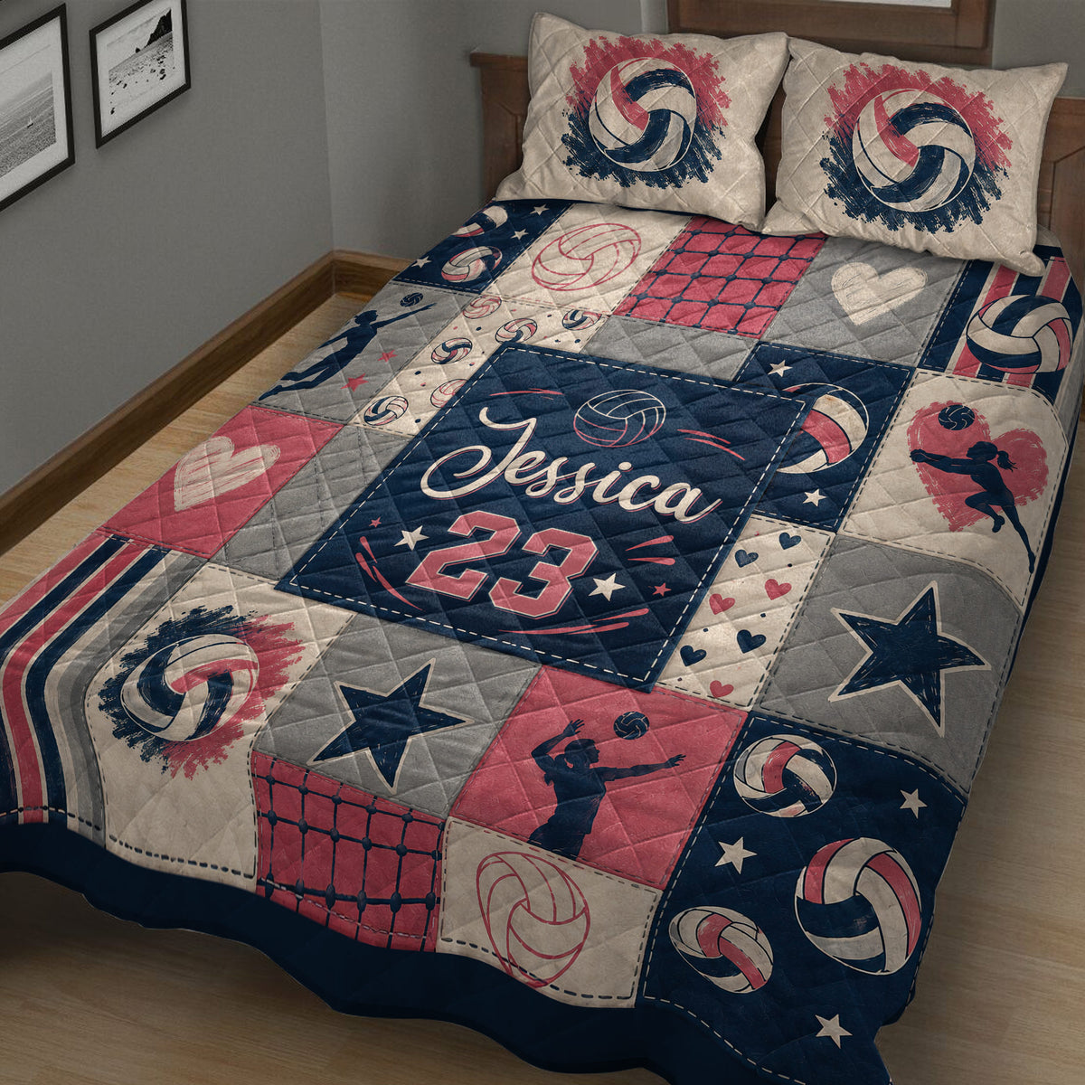 Close view of colorful volleyball quilt bedding with player silhouettes, stars, hearts, and balls
