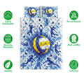 Volleyball quilt bedding set shown front-on with blue watercolor artwork, player silhouettes, and feature icons
