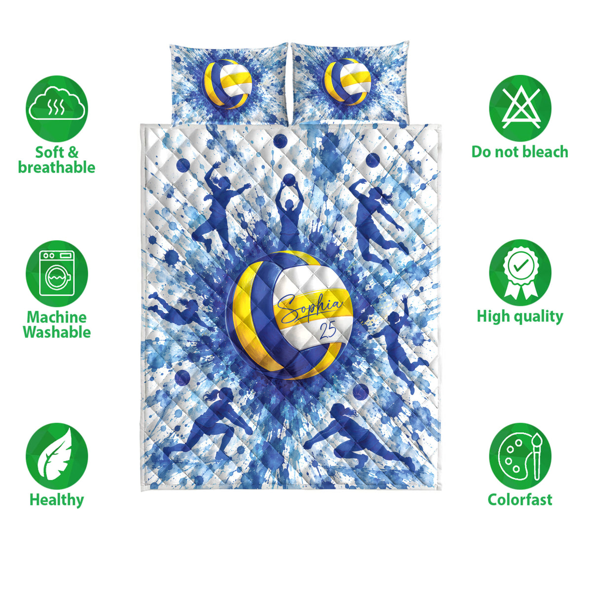 Volleyball quilt bedding set shown front-on with blue watercolor artwork, player silhouettes, and feature icons