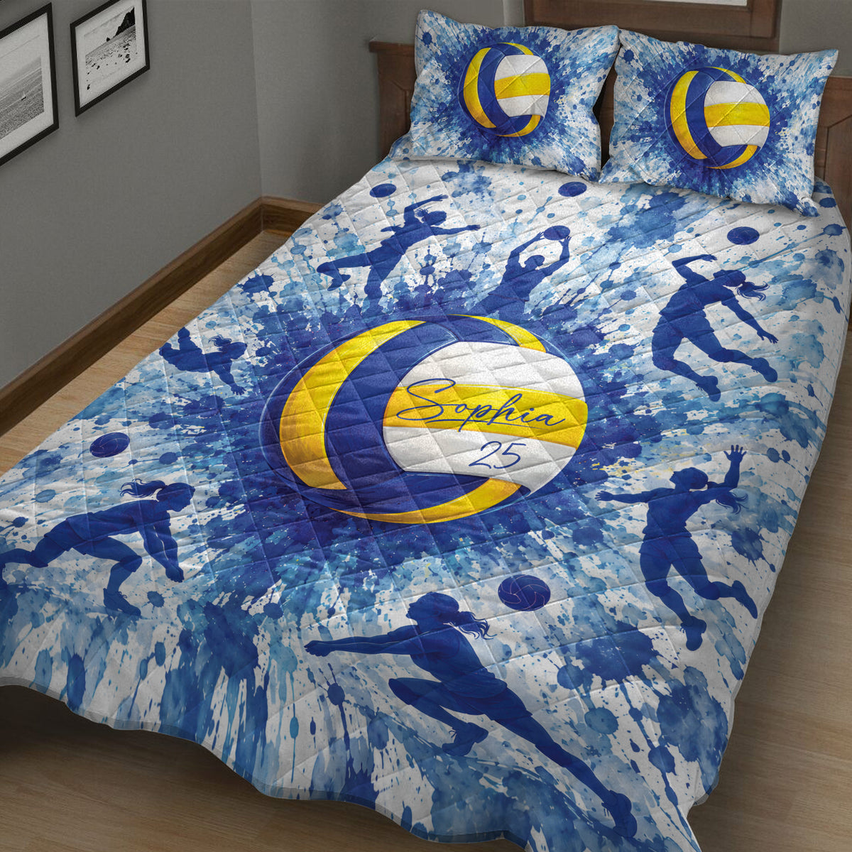 Close bedroom view of volleyball quilt blanket with dynamic player silhouettes and watercolor sports design