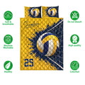Volleyball quilt bedding set with bold navy and gold sports artwork shown with product feature icons