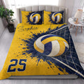 Volleyball quilt bedding displayed in a bright bedroom with oversized ball and net artwork