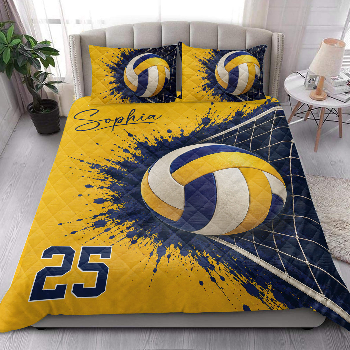 Volleyball quilt bedding displayed in a bright bedroom with oversized ball and net artwork