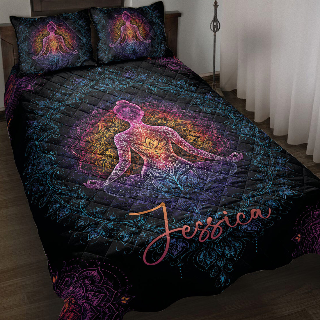 Yoga quilt bedding set displayed on a bed with colorful meditating figure and mandala artwork
