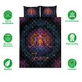 Yoga quilt and bedding set with vibrant meditation artwork shown alongside care and quality icons