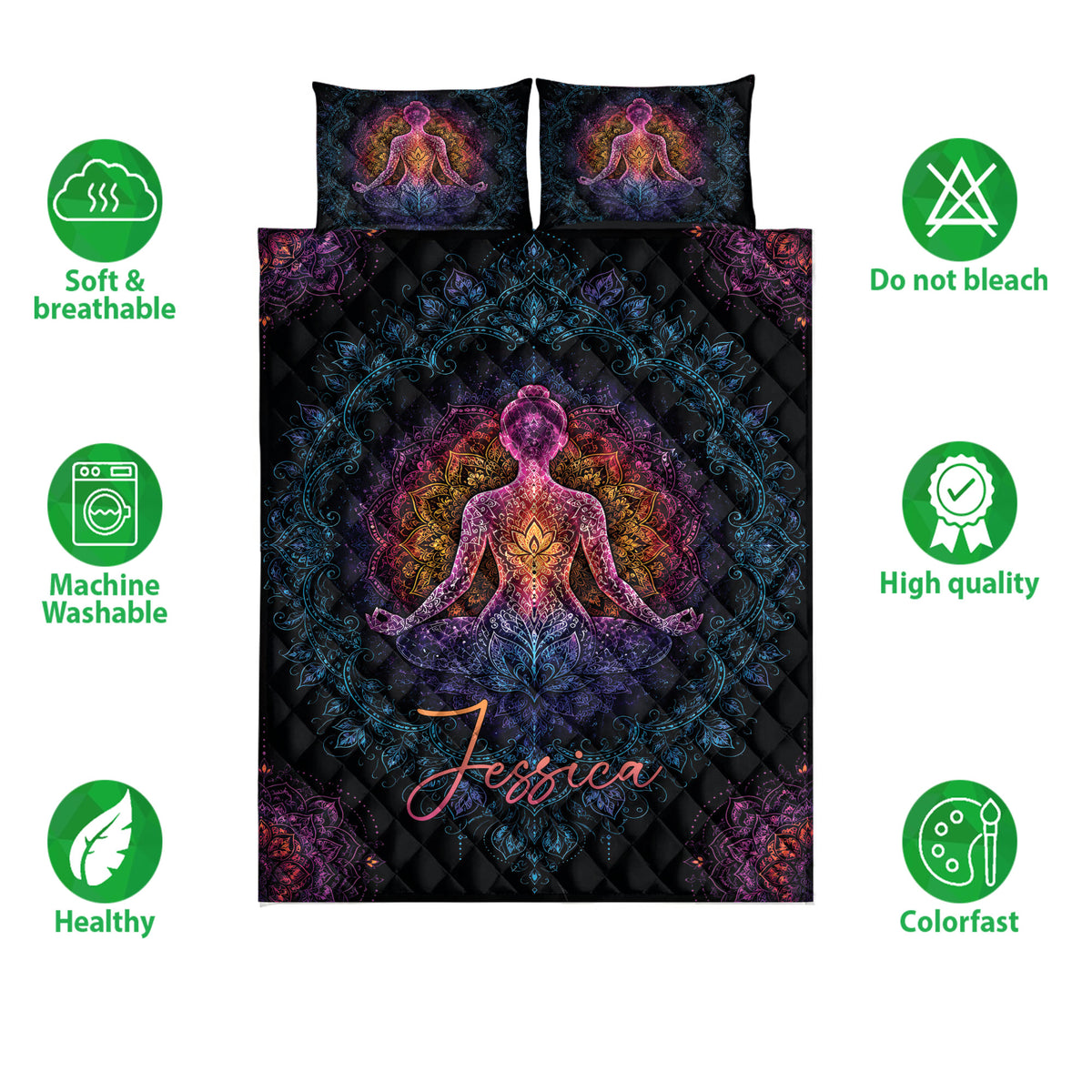 Yoga quilt and bedding set with vibrant meditation artwork shown alongside care and quality icons