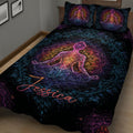Yoga quilt blanket displayed at an angle with glowing meditating figure and intricate mandala design