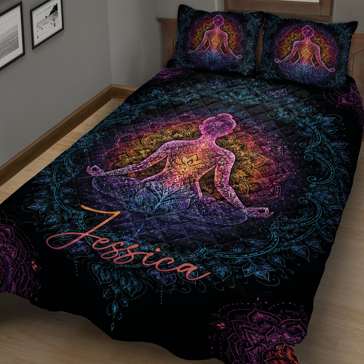 Yoga quilt blanket displayed at an angle with glowing meditating figure and intricate mandala design
