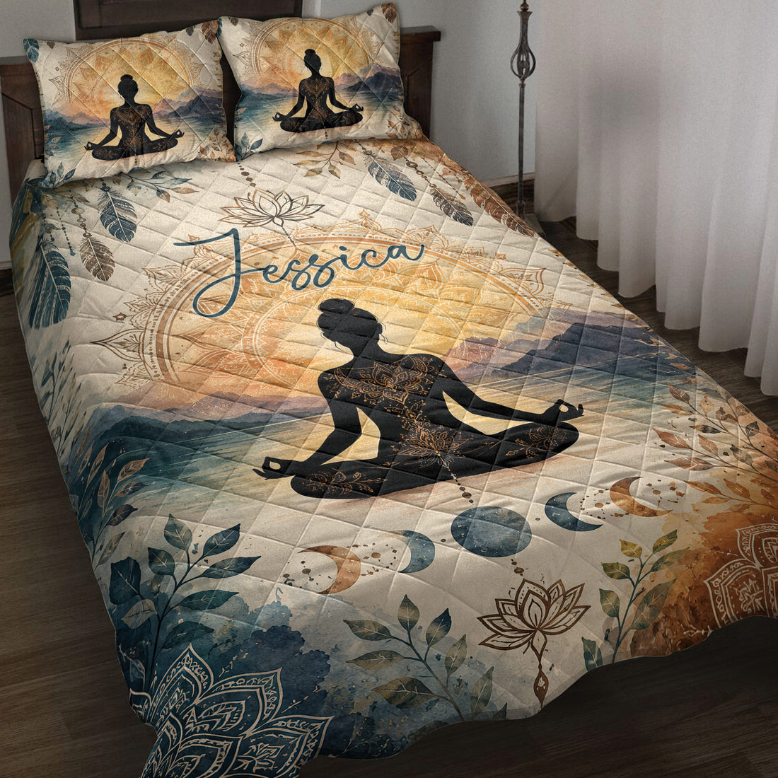 Yoga quilt bedding set displayed on a bed with meditating silhouette, mandala, mountains, feathers, and moon phases