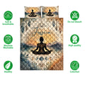 Yoga meditation quilt bedding set shown with matching artwork, lotus motifs, mountain scenery, and decorative feathers