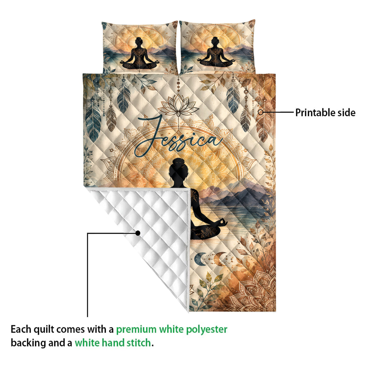 Yoga quilt detail showing the printed meditation artwork and white diamond-stitched reverse side