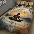 Close view of yoga quilt bedding with meditating silhouette, golden mandala, mountain landscape, feathers, and moon phases