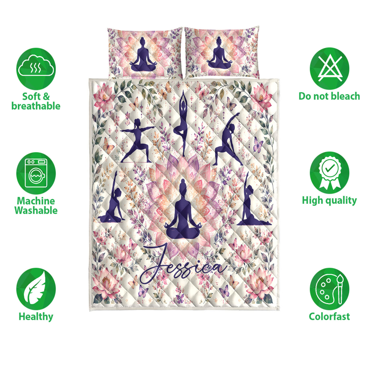 Yoga quilt blanket shown front-facing with floral meditation artwork and soft breathable bedding icons