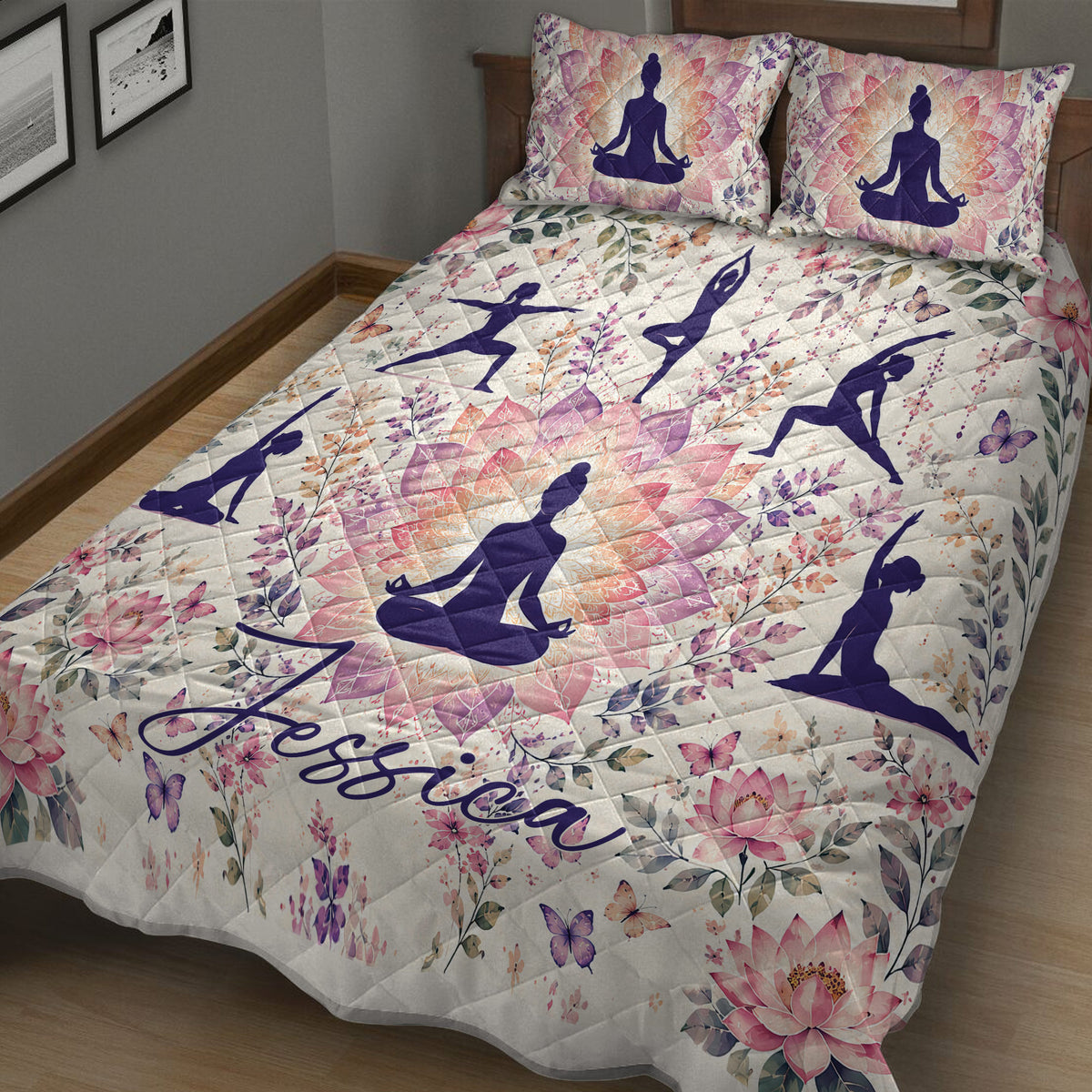 Floral yoga quilt blanket displayed at an angle with purple yoga silhouettes and lotus artwork