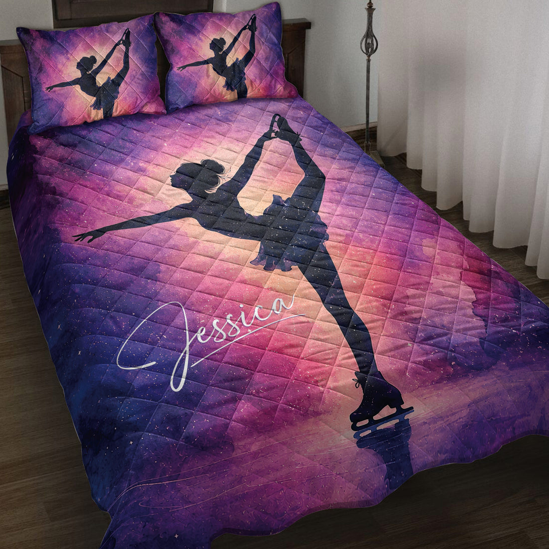 Purple and pink ice skating quilt blanket displayed on a bed with figure skater silhouettes