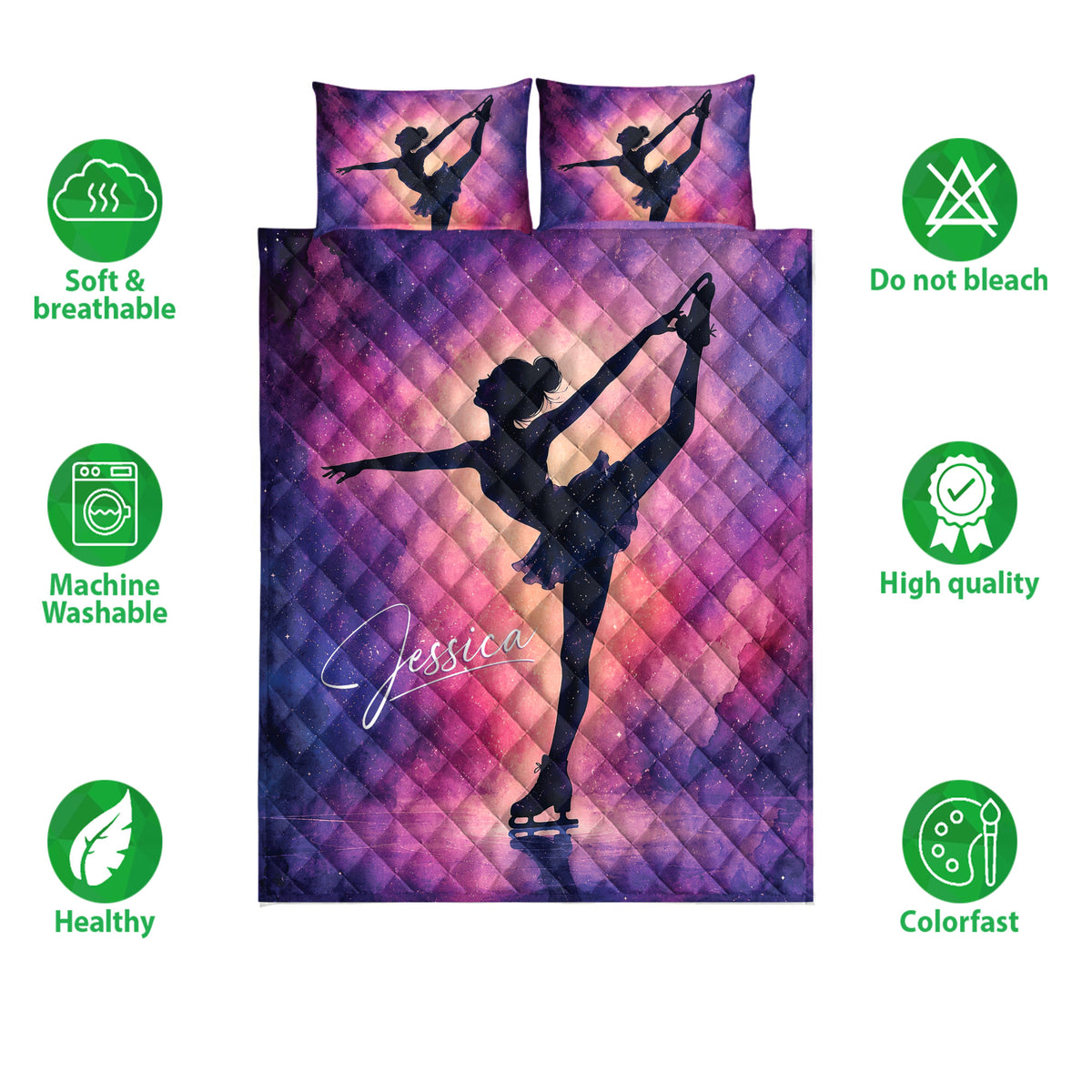 Ice skating quilt bedding set shown with figure skater artwork and product feature icons