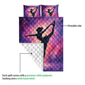 Figure skating quilt showing the printed front and white quilted reverse backing