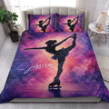 Ice skating quilt blanket styled on a bedroom bed with colorful figure skater artwork