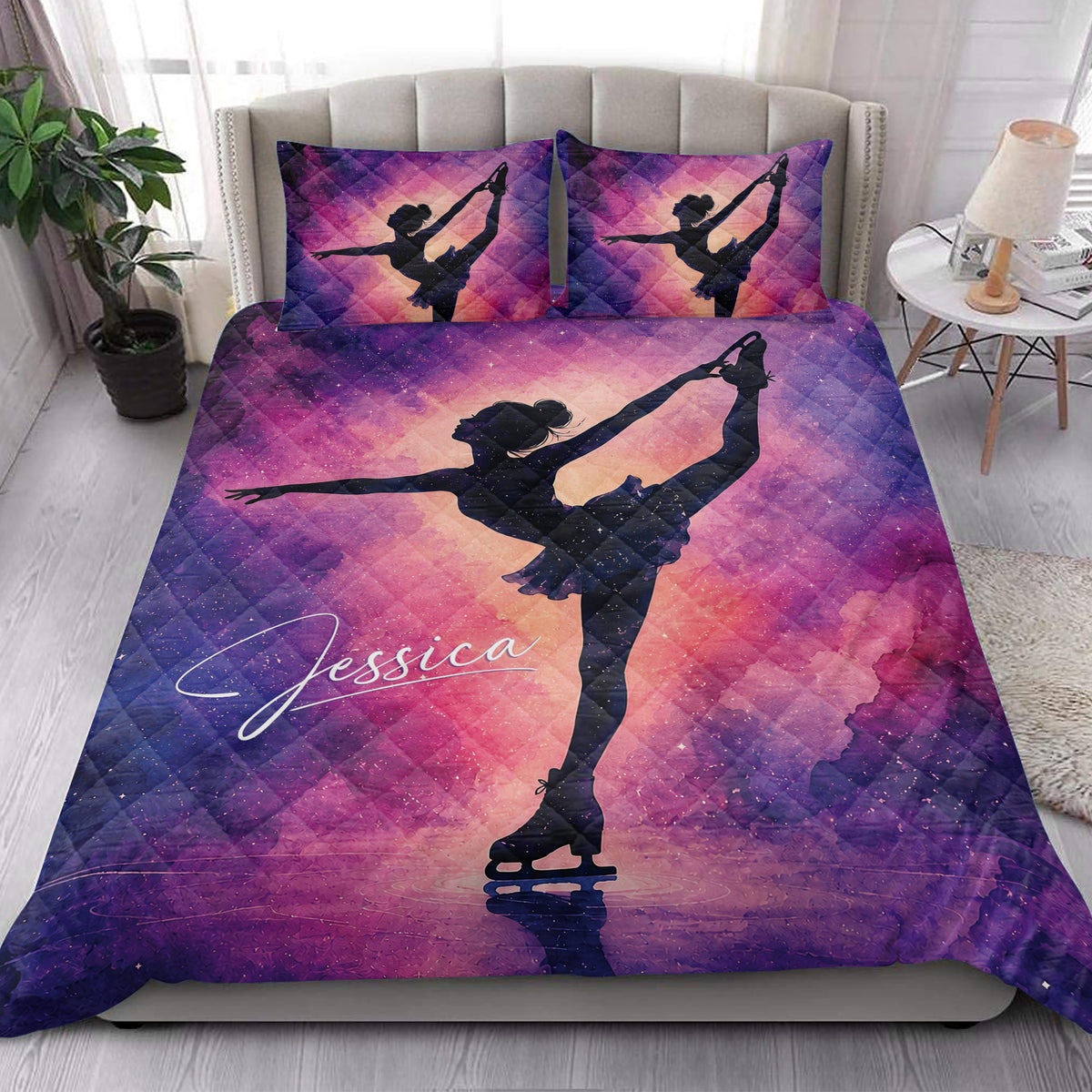 Ice skating quilt blanket styled on a bedroom bed with colorful figure skater artwork