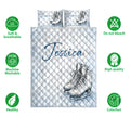 Ice skating quilt bedding set shown with figure skate artwork and soft breathable product icons
