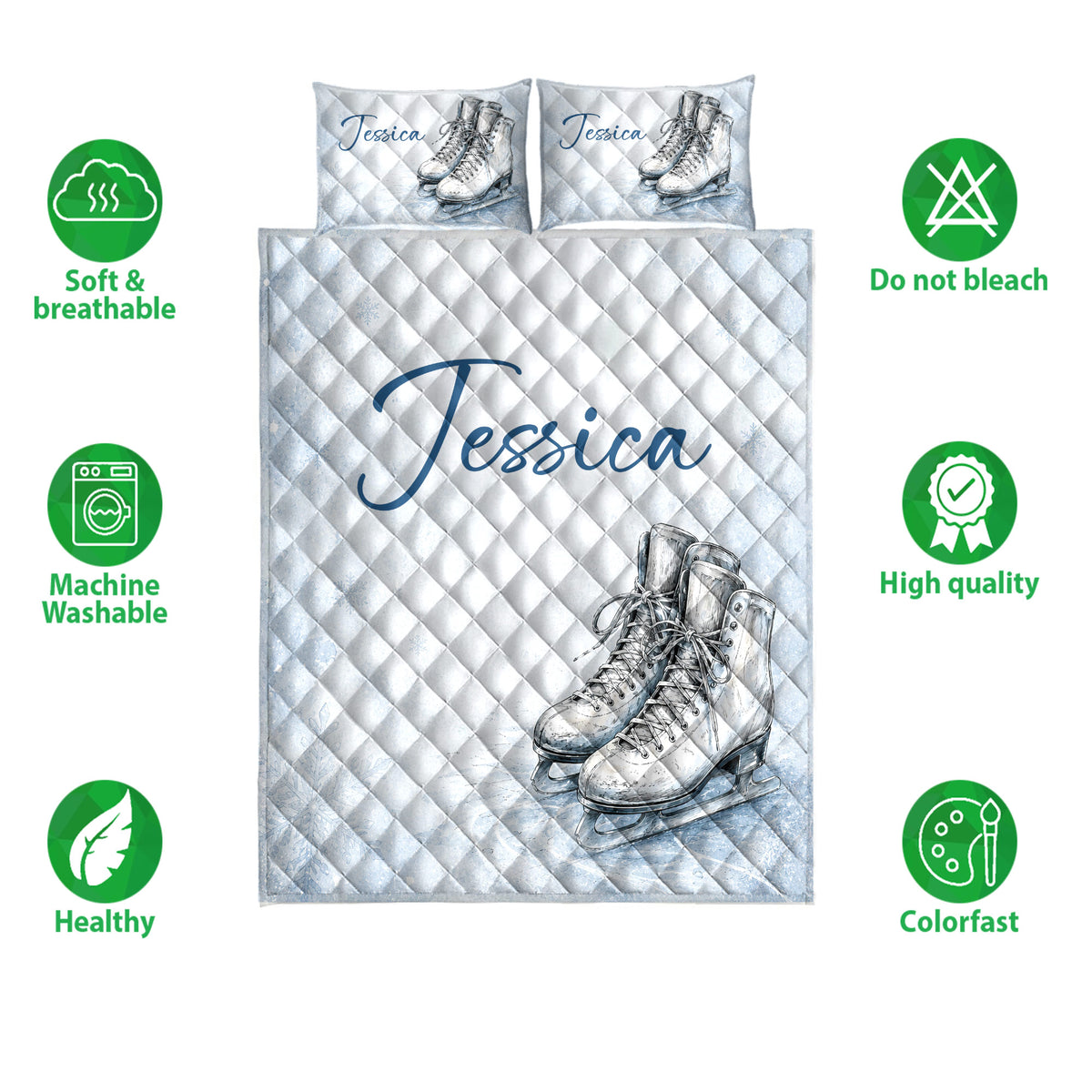 Ice skating quilt bedding set shown with figure skate artwork and soft breathable product icons