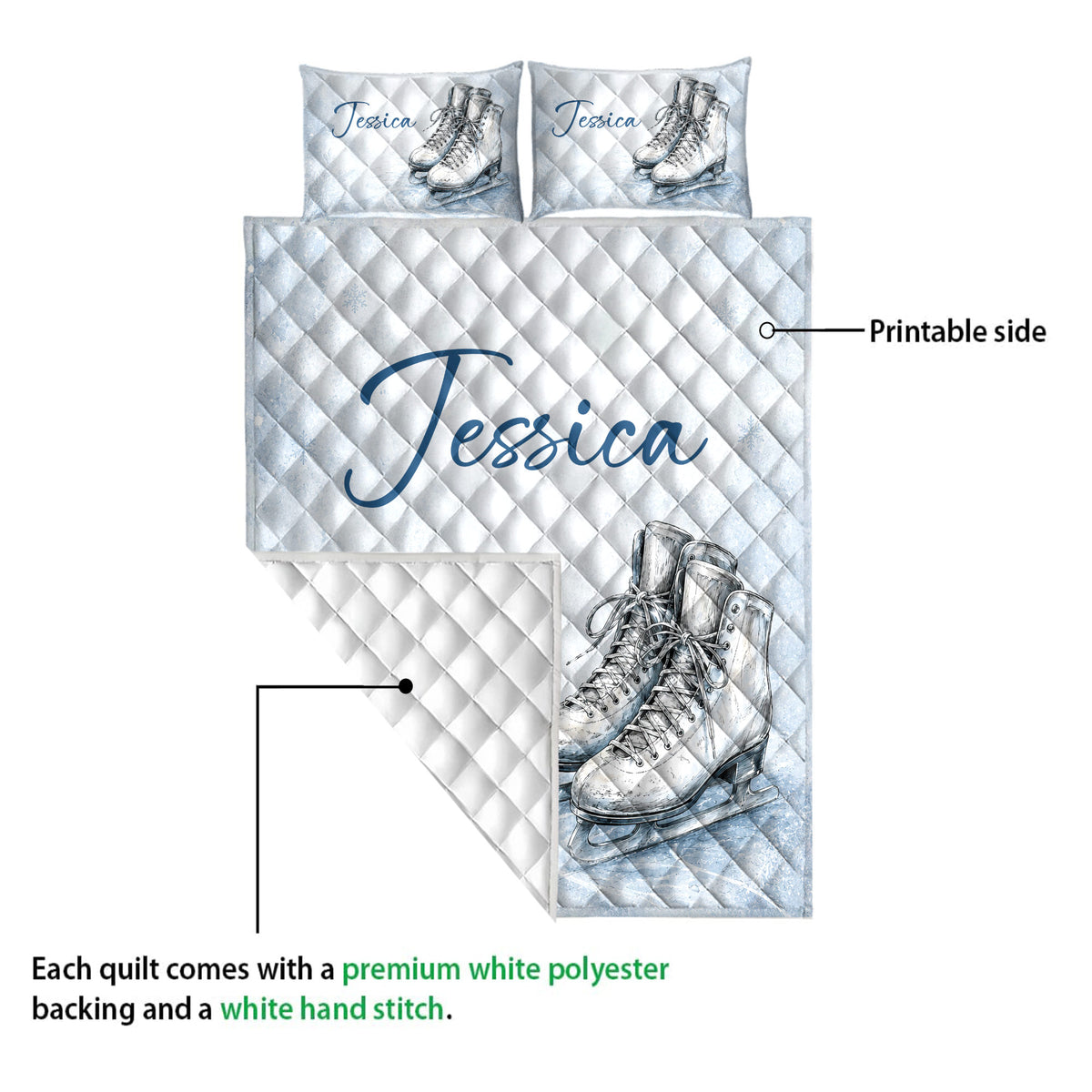 Ice skating quilt blanket with figure skate artwork, printable side, and white quilted backing