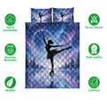Ice skating quilt bedding set shown with figure skater artwork, snowy scenery, and product feature icons