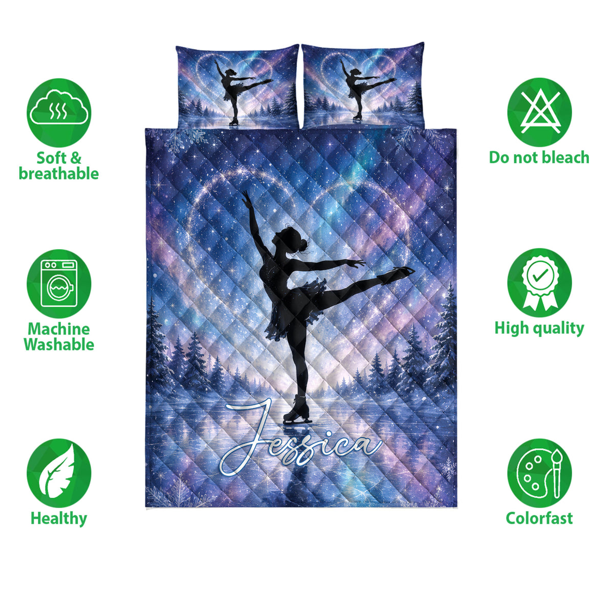 Ice skating quilt bedding set shown with figure skater artwork, snowy scenery, and product feature icons