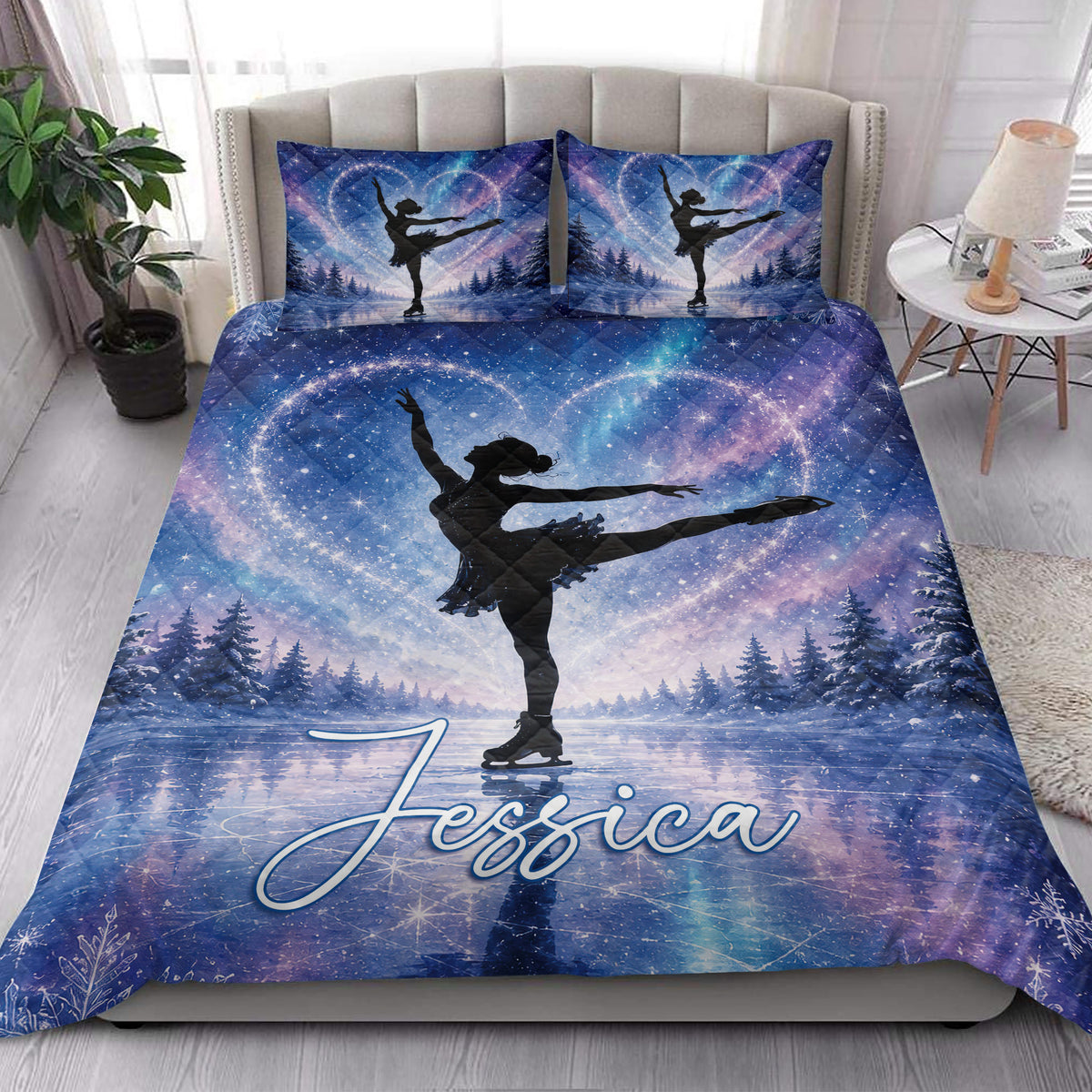 Galaxy-themed ice skating quilt bedding styled in a bright bedroom with figure skater artwork