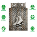Ice skating quilt bedding set shown with skate artwork, snowflake details, and product feature icons
