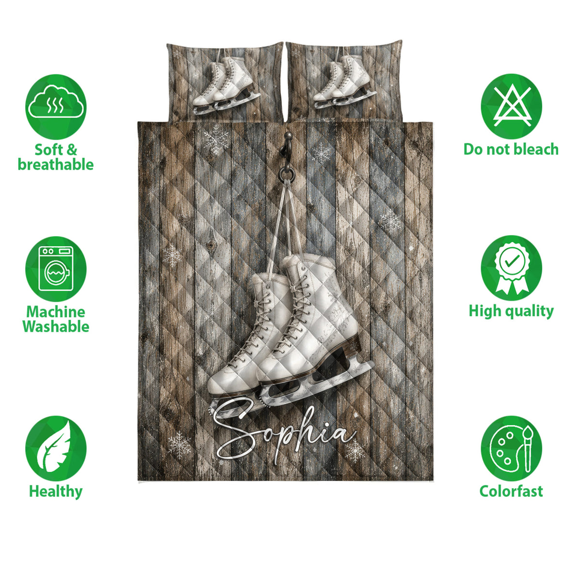 Ice skating quilt bedding set shown with skate artwork, snowflake details, and product feature icons