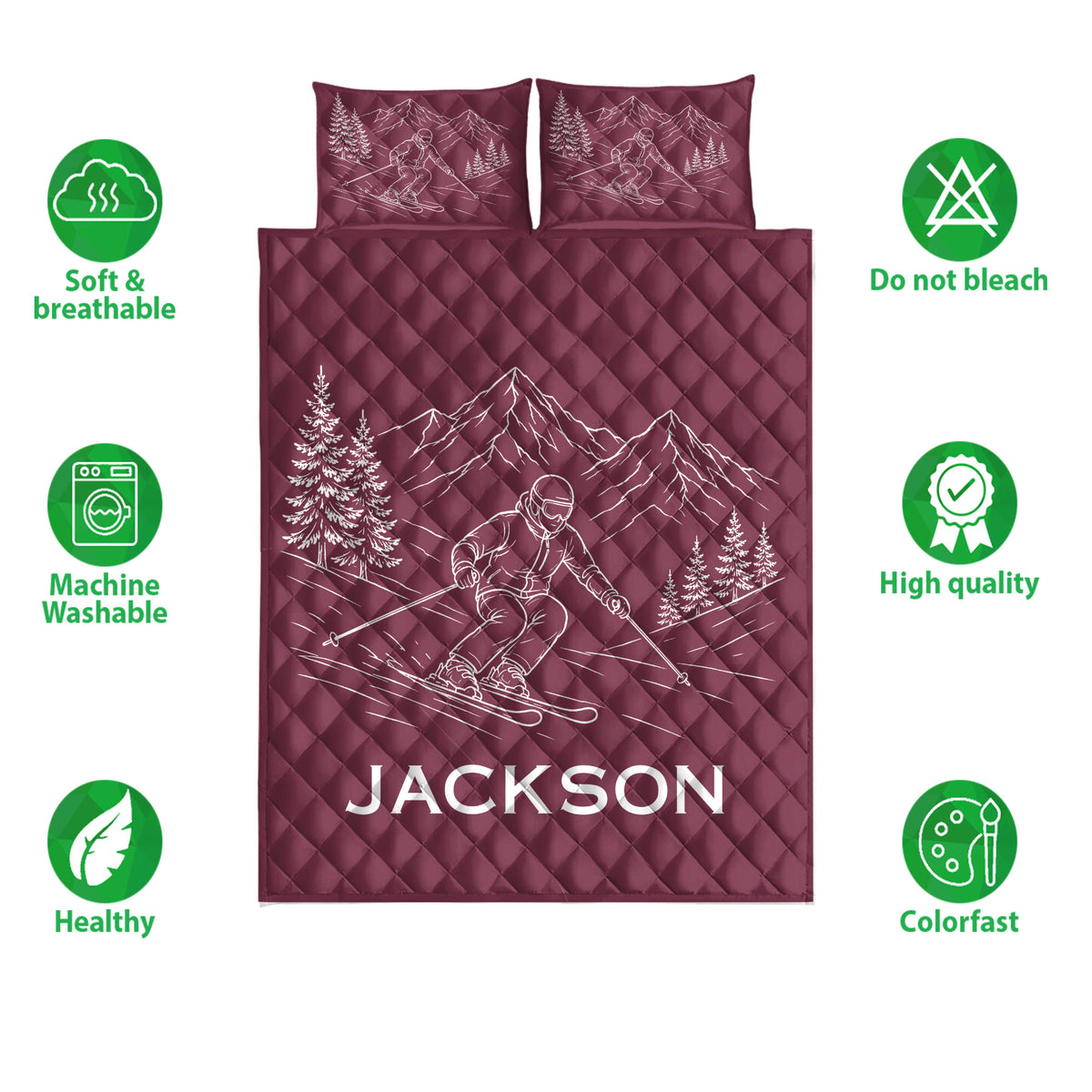 Burgundy ski quilt bedding set with skier artwork, mountain scenery, and feature icons
