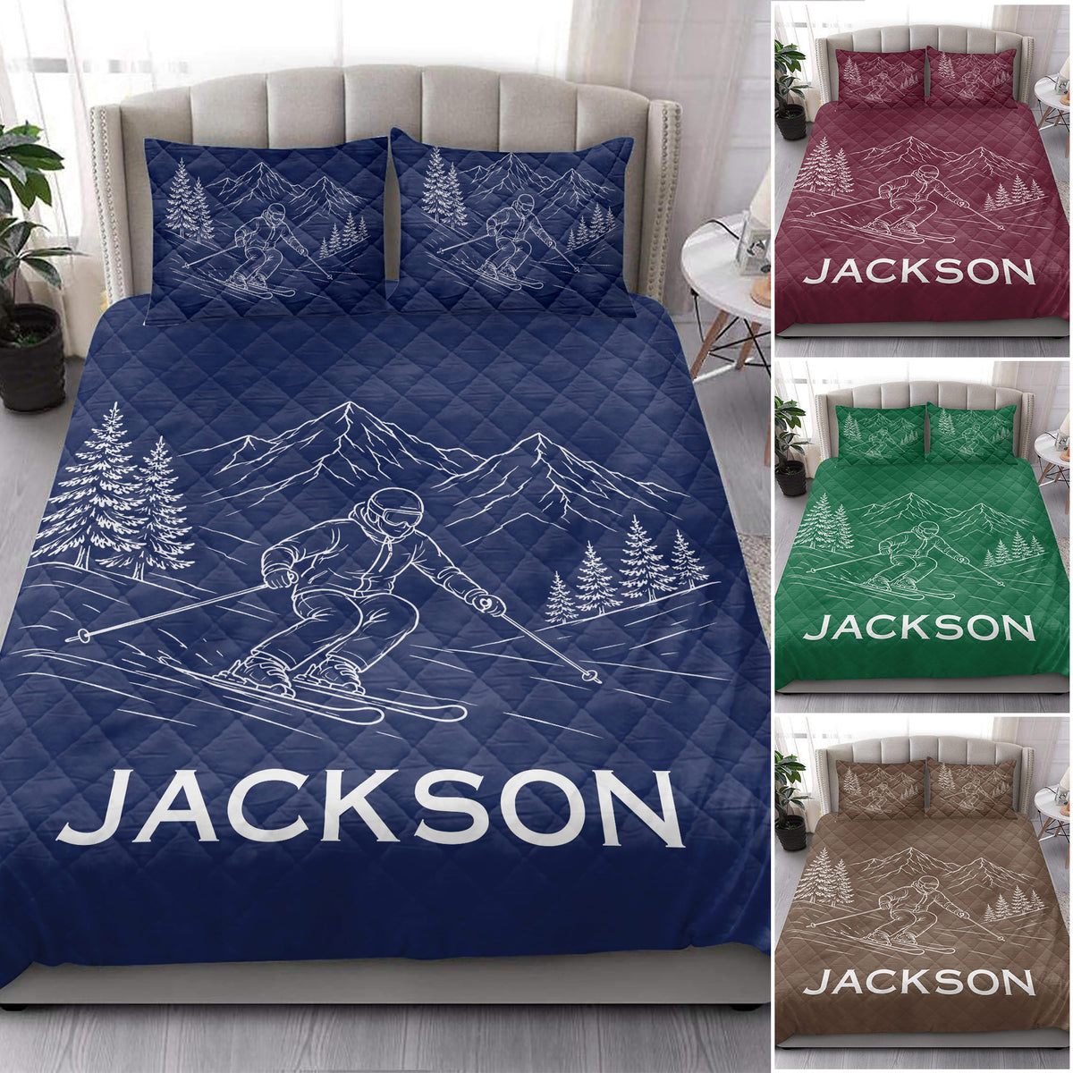 Navy ski quilt bedding styled on a bed with mountain artwork and alternate color designs