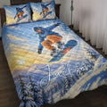 Skiing bedding set with snowboarder jumping above snowy mountain slopes, pine trees and blue winter landscape