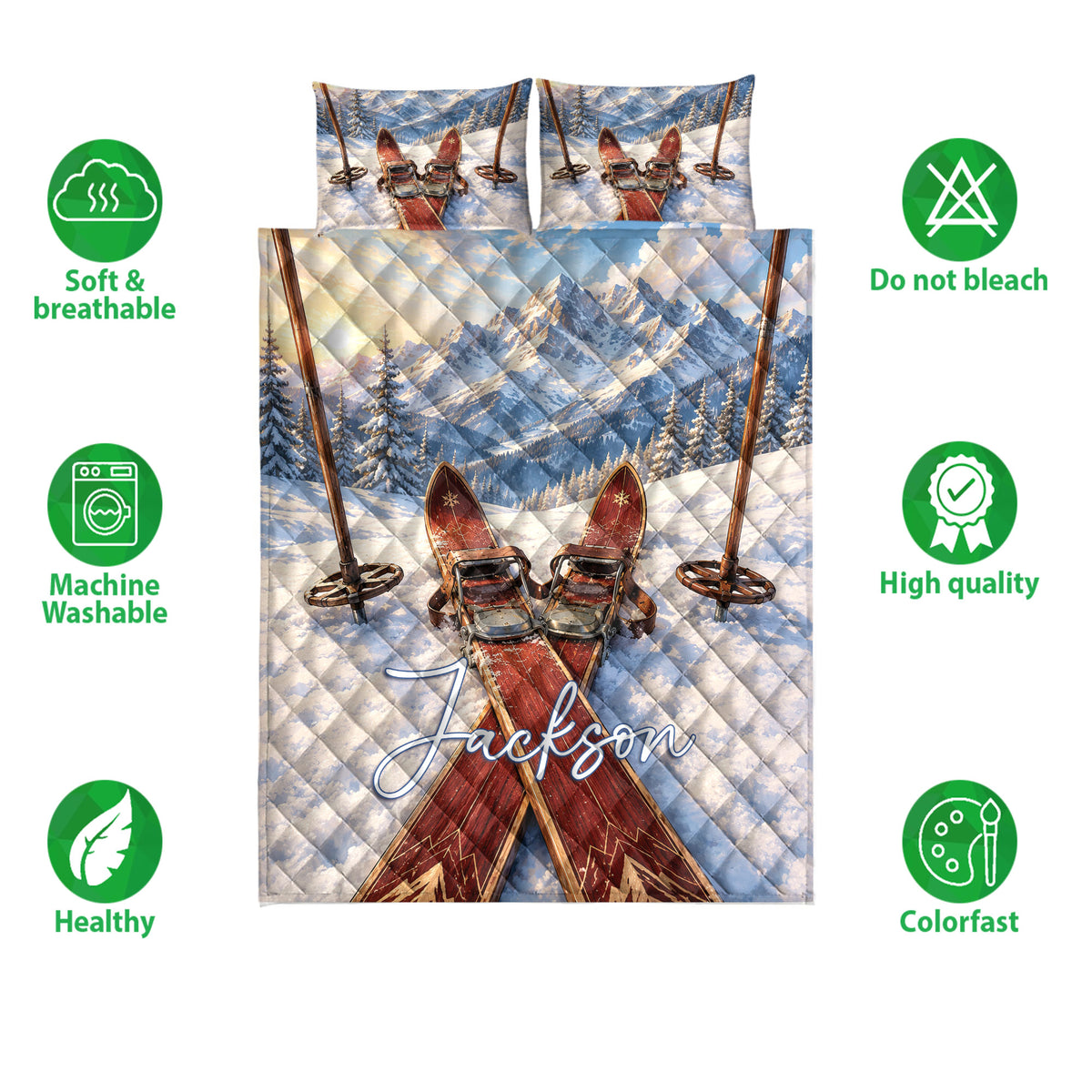 Skiing quilt bedding set presentation with mountain artwork and product feature icons