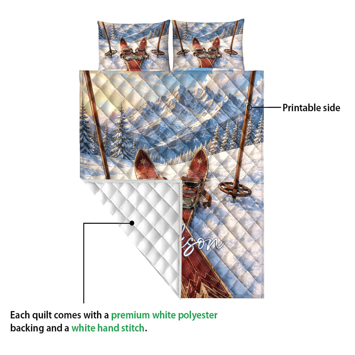 Skiing quilt showing the printed mountain side and white diamond-stitched backing