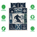 Skiing quilt bedding set shown with mountain skier artwork, ski boots, crossed skis, snowflake, and winter icons